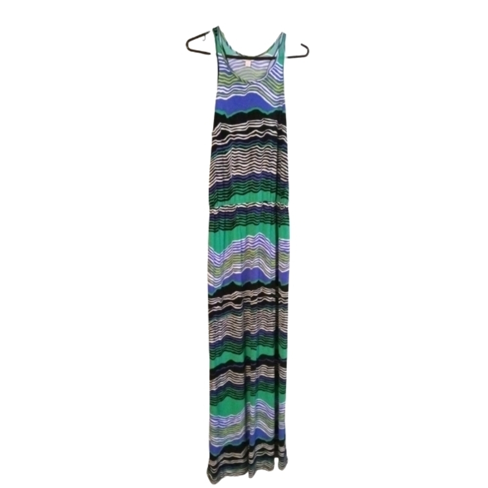 Sleeveless Maxi Dress Tori Richard Multicolor Horiz. Stripe Beachy, Resortwear L
